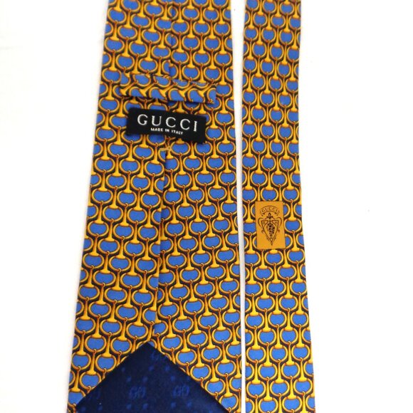 GUCCI men's 100% silk tie horsebit pattern Blue & Gold 59" Made in Italy - Picture 2 of 9